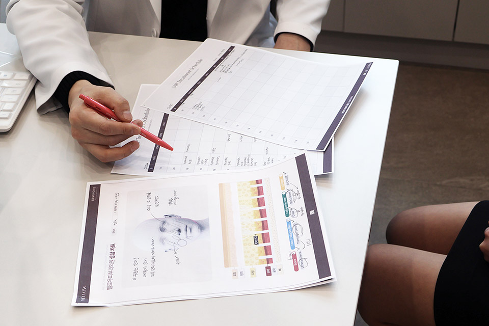 A doctor at AUVEL Clinic marking a treatment plan on a printed skin chart during a consultation