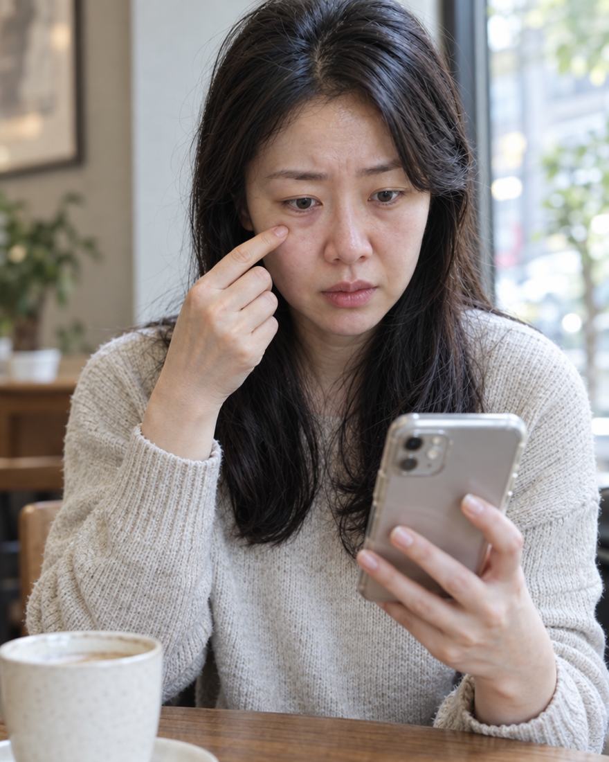 눈밑 수술 기사를 보며 망설이는 30대 여성