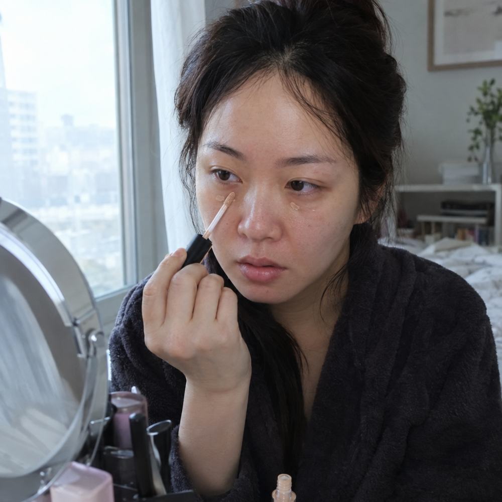 아침에 눈밑에 컨실러를 바르는 여성