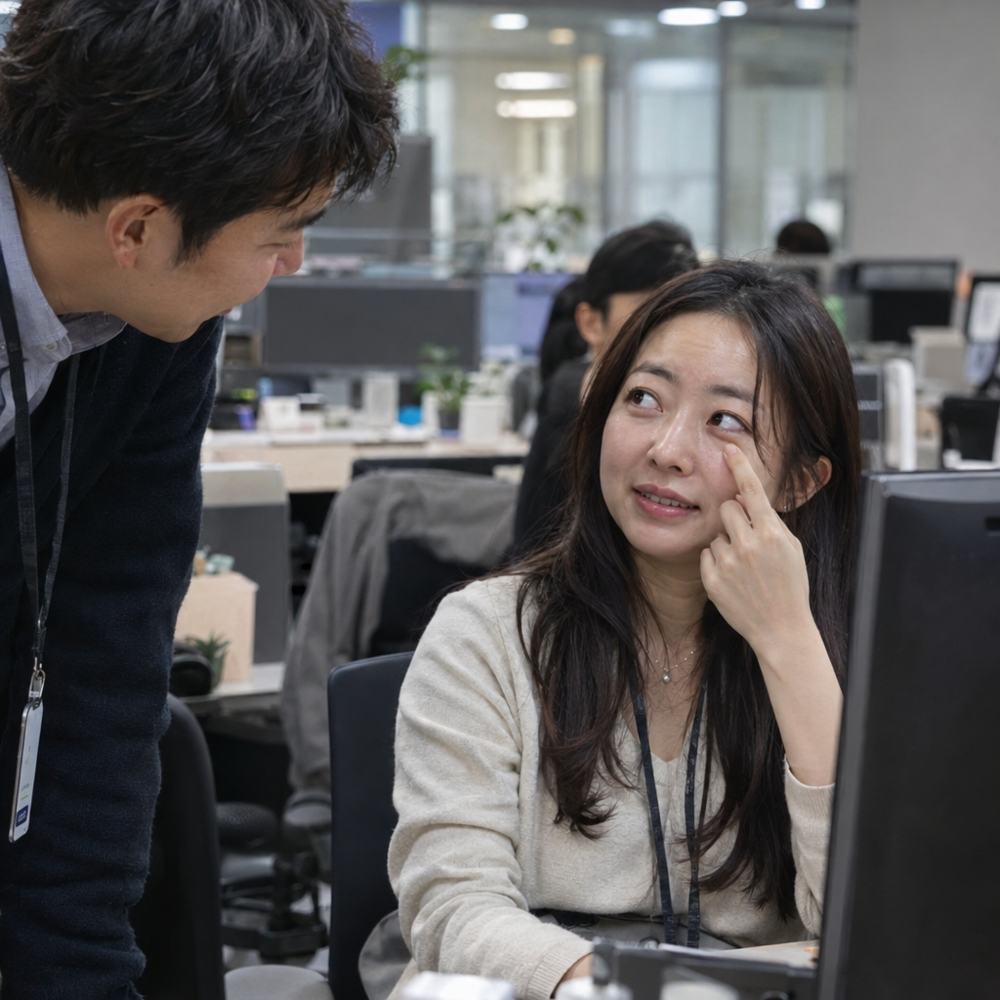 동료에게 피곤해 보인다는 말을 듣는 여성
