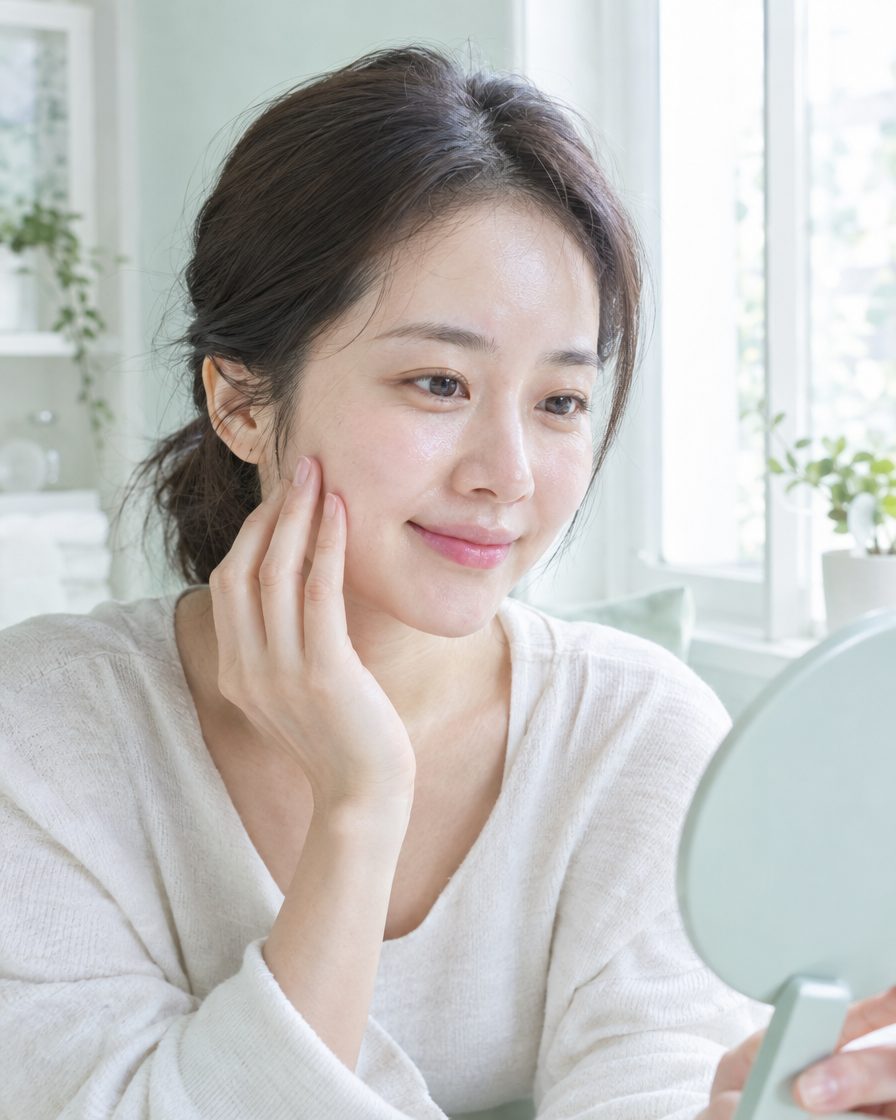 아침 창가에서 피부를 살피는 여성