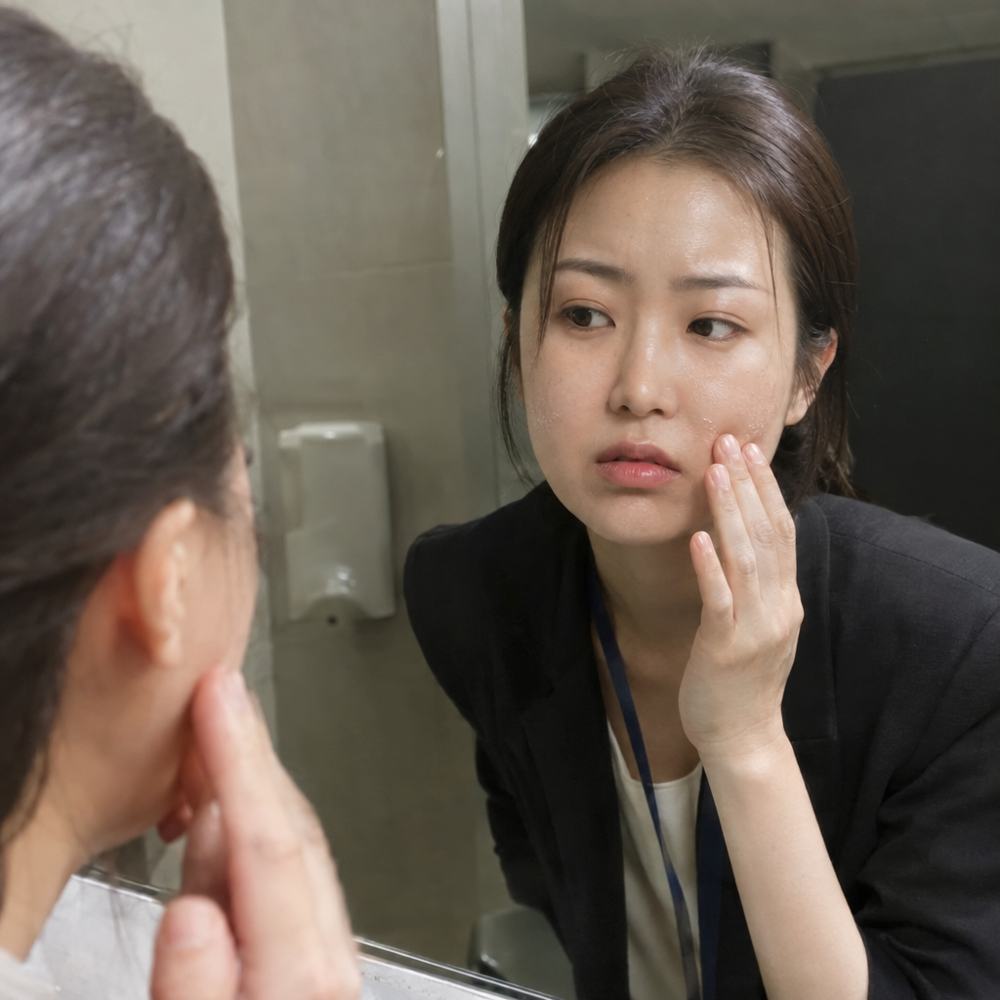 오후에 화장이 들뜬 것을 보는 여성
