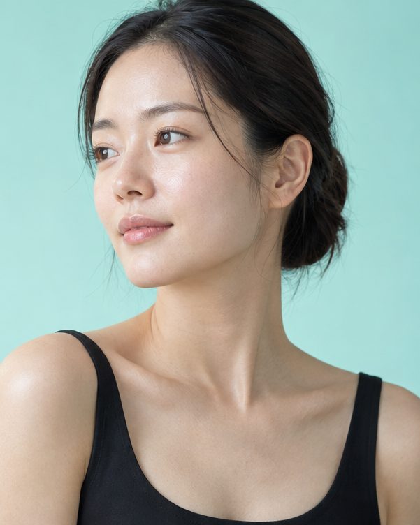 민트빛 배경 앞에서 맑은 피부결을 보여주는 30대 여성