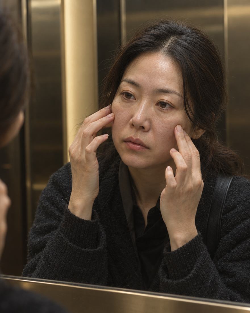 엘리베이터 거울 앞에서 지친 인상을 확인하는 40대 여성