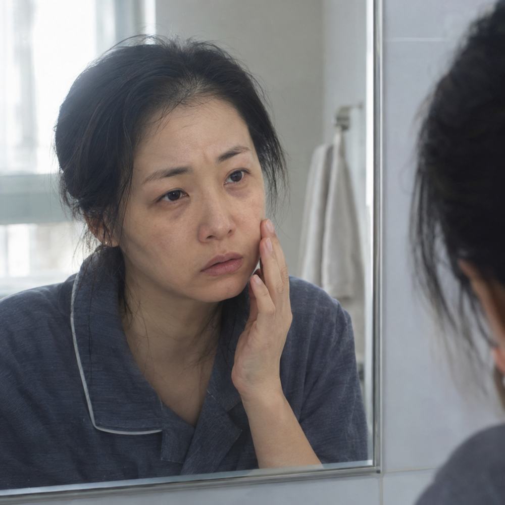 잘 잤는데도 피곤해 보이는 얼굴을 보는 여성