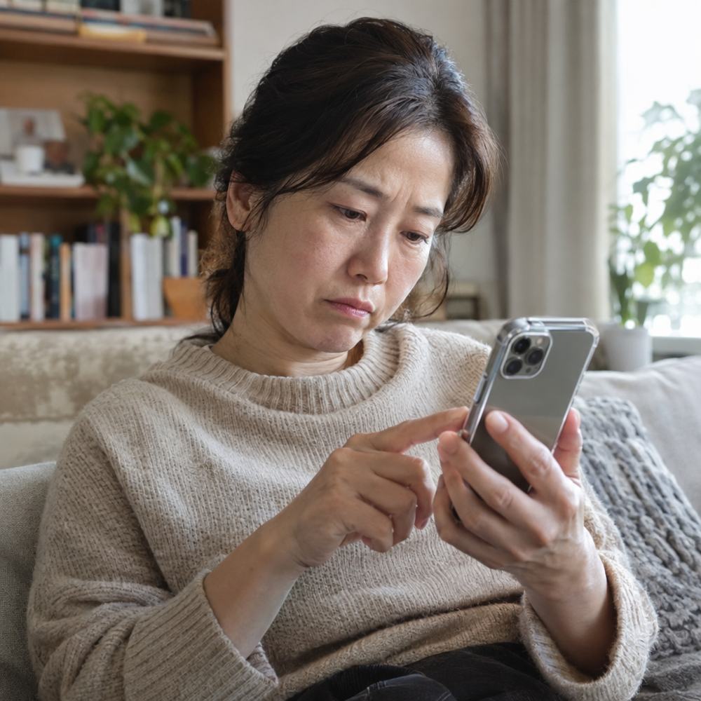 가족사진 속 처진 입꼬리를 확대해 보는 여성