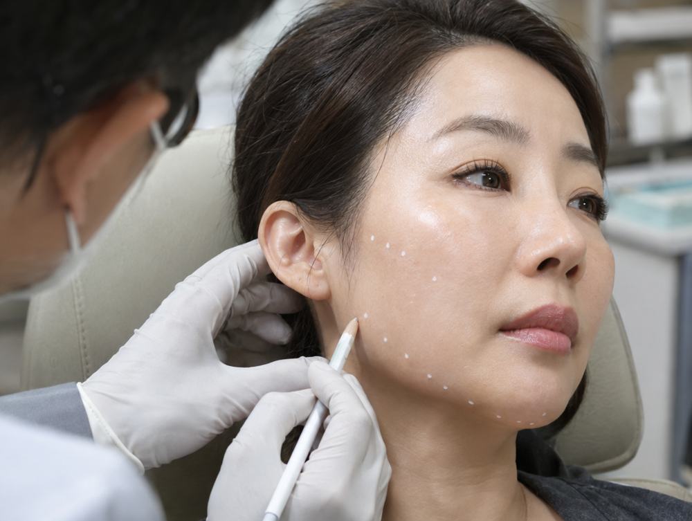 광대와 턱각에 지지점을 표시하는 장면