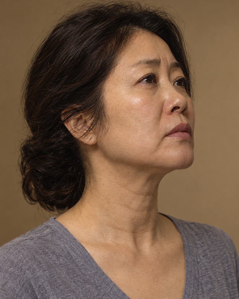 목 앞쪽이 늘어진 옆얼굴