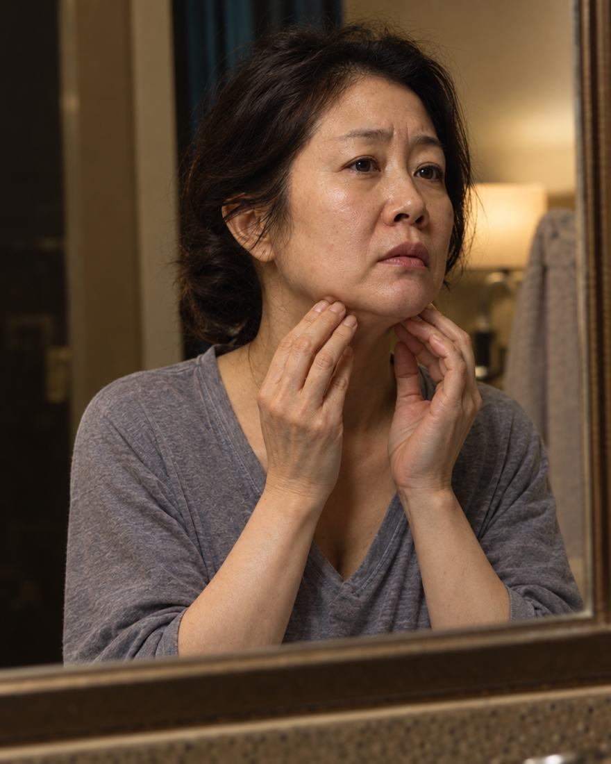 거울 앞에서 턱선을 올려 보는 40대 여성