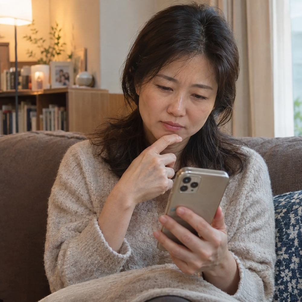 단체 사진 속 턱선을 보는 여성