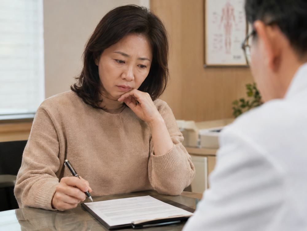 수술 동의서를 앞에 두고 망설이는 여성