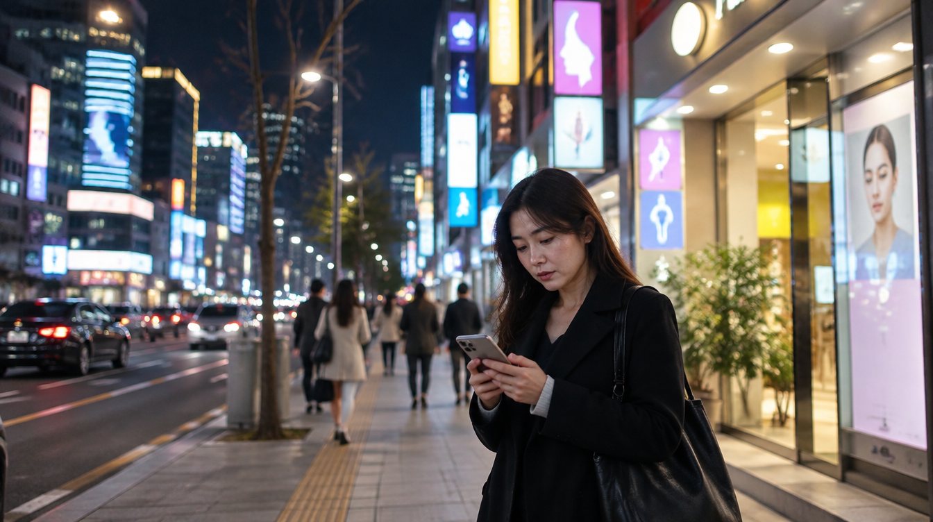 피부과 간판이 늘어선 강남 밤거리에서 휴대폰으로 병원을 찾는 여성
