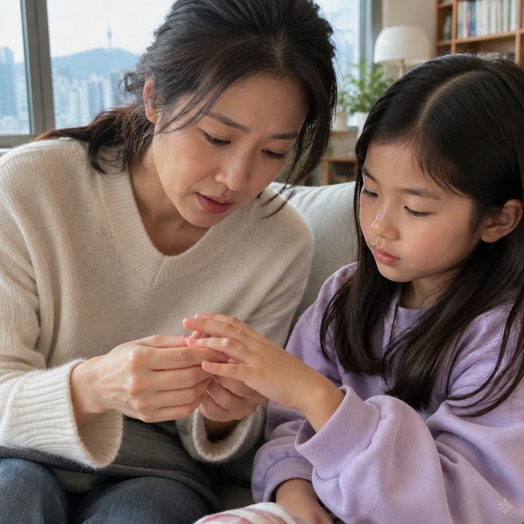 아이 손가락의 사마귀를 살피는 엄마